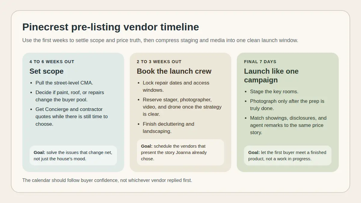 Editorial timeline showing which Pinecrest seller tasks belong six weeks out, two to three weeks out, and the final launch week