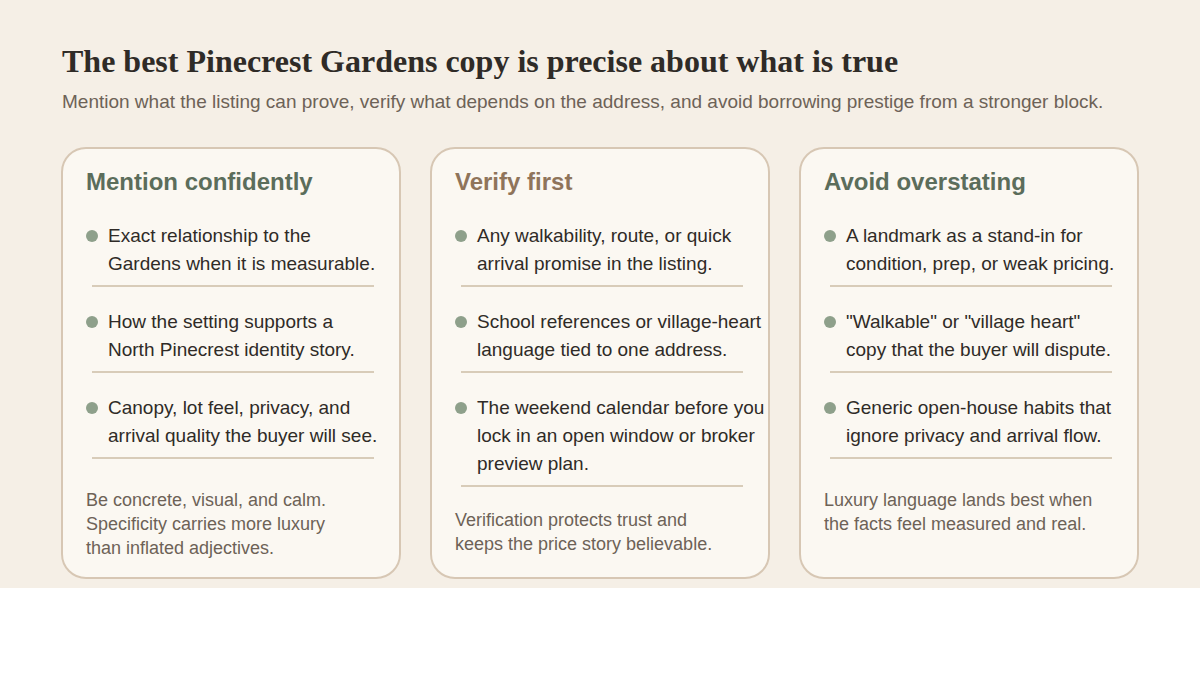 Editorial checklist showing what nearby sellers should mention confidently, verify first, and avoid overstating when marketing Pinecrest Gardens proximity