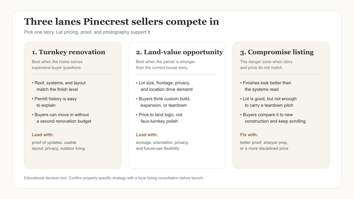 Matrix showing whether a Pinecrest listing should compete as turnkey renovation, land-value opportunity, or a compromise listing
