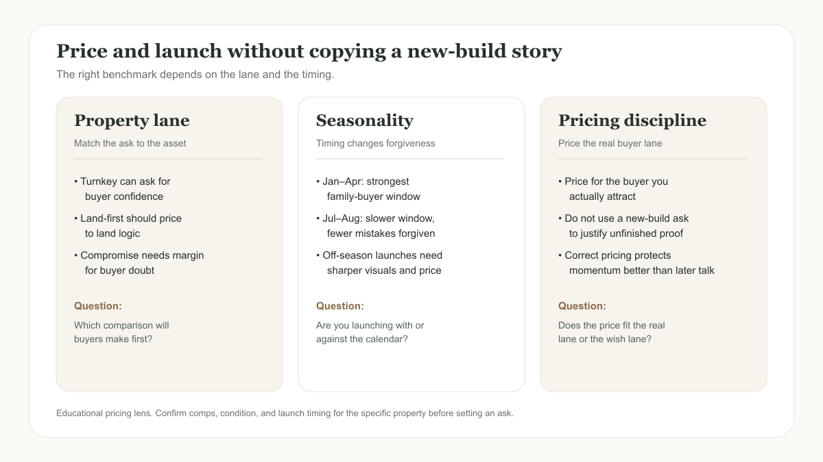 Diagram showing how sellers should balance property lane, seasonality, and pricing discipline when launching against Pinecrest new construction