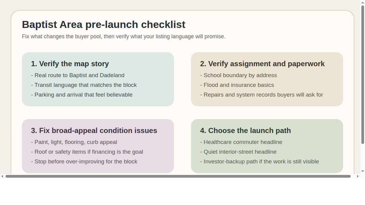 Editorial checklist covering what Baptist Area sellers should fix document verify and prepare before photos and pricing go live