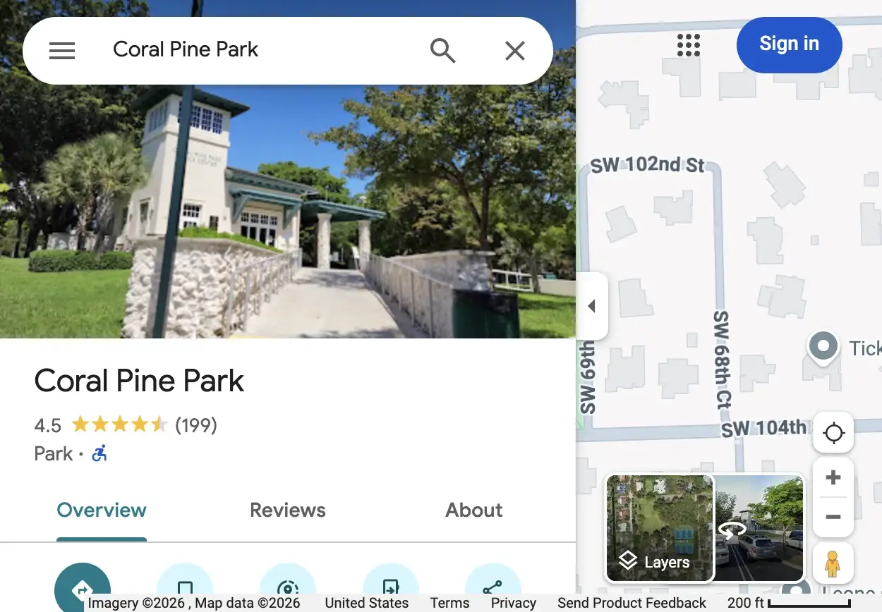 Coral Pine Park recreation area in Pinecrest Florida 33156