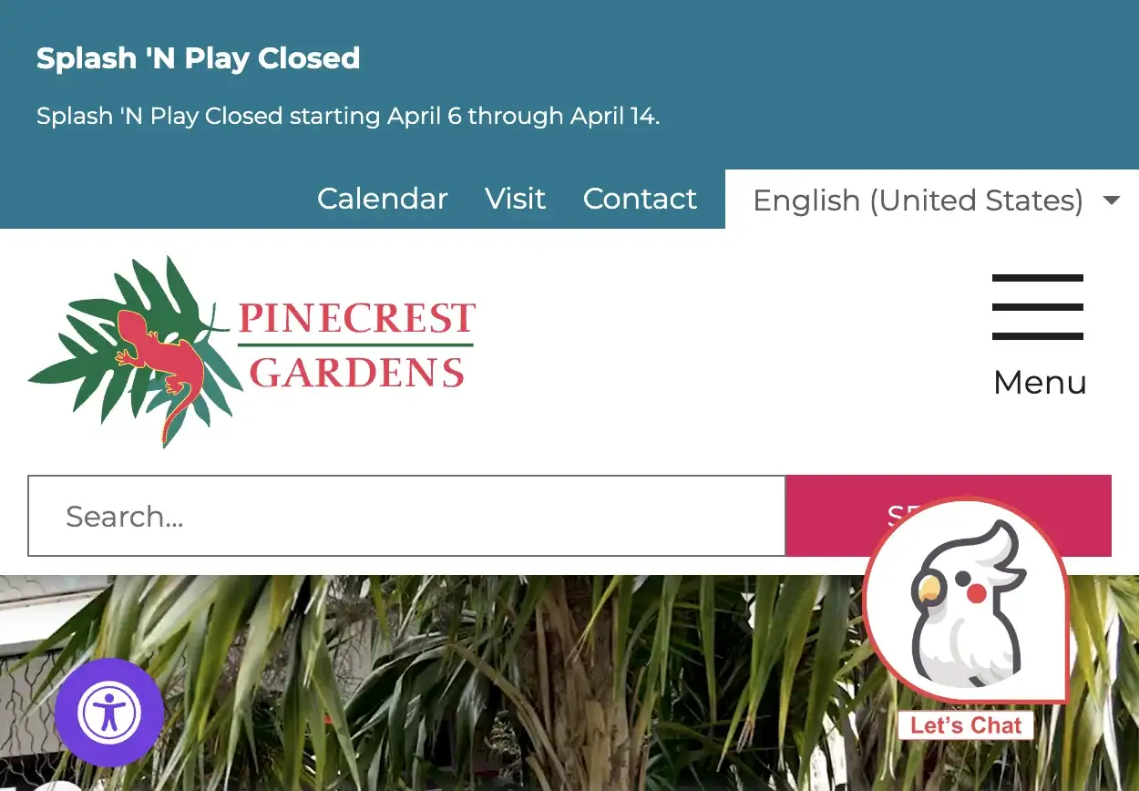 Entrance to Pinecrest Gardens, a historic botanical park in Pinecrest, Florida 33156