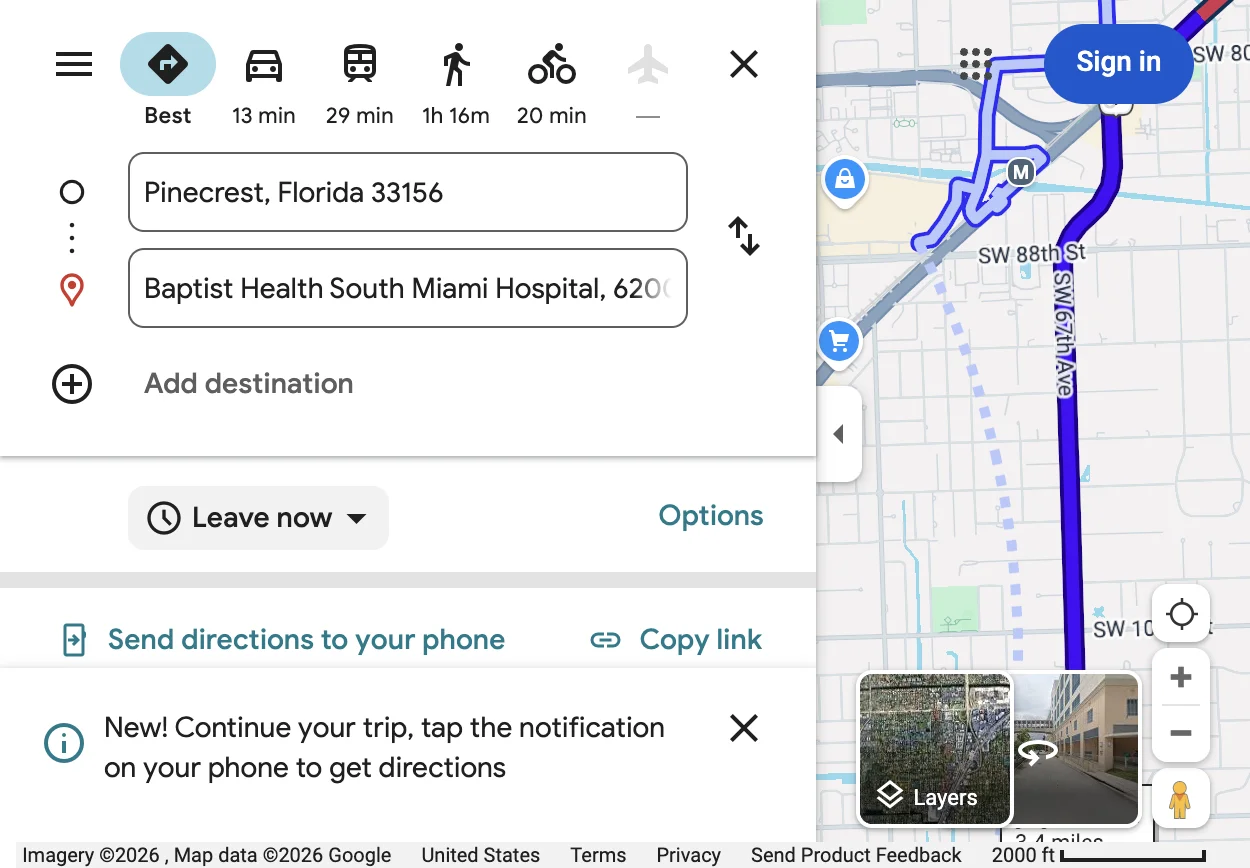 Map of Pinecrest FL 33156 relative to major Miami hospitals