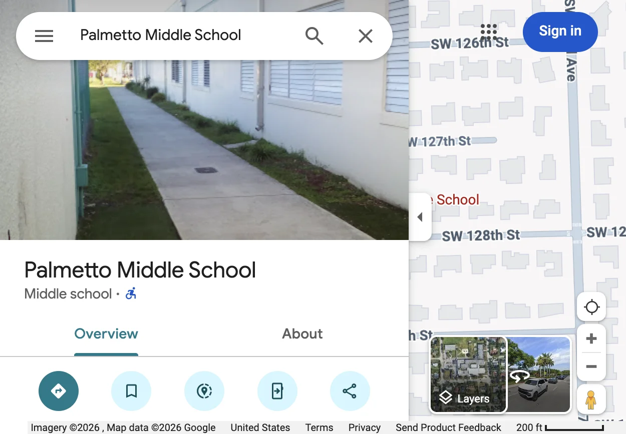 Palmetto Middle School campus area Pinecrest Florida